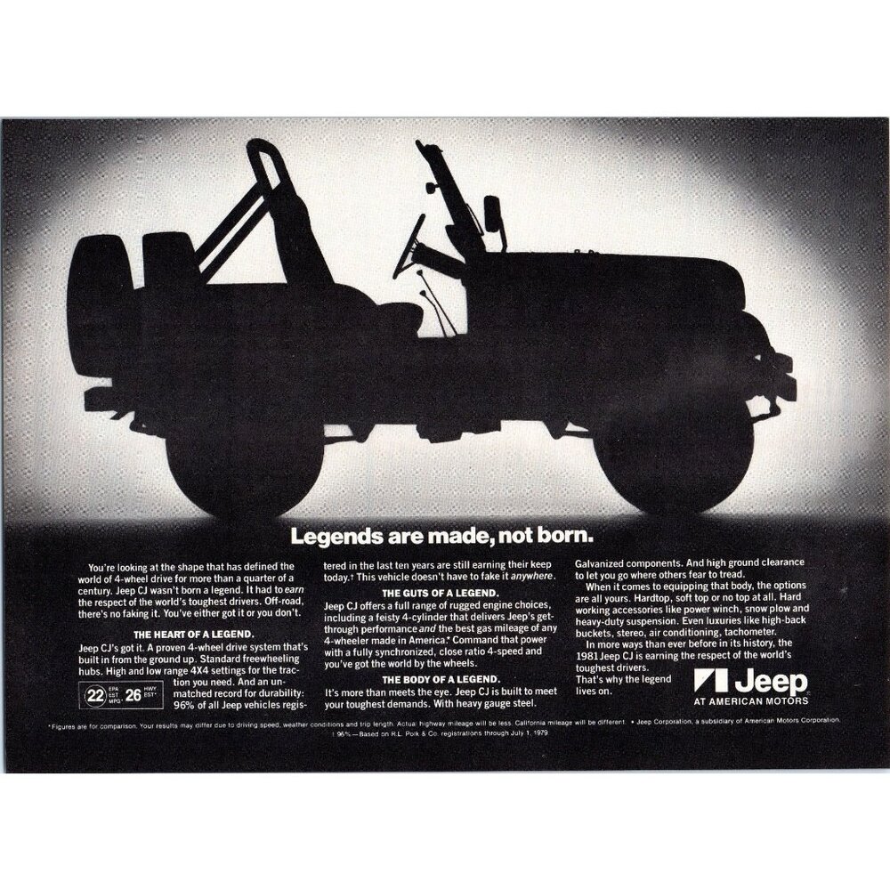 1981 Jeep CJ Top Down Silhouette Shadow Vintage Print Ad 80s 4x4 Wall Art